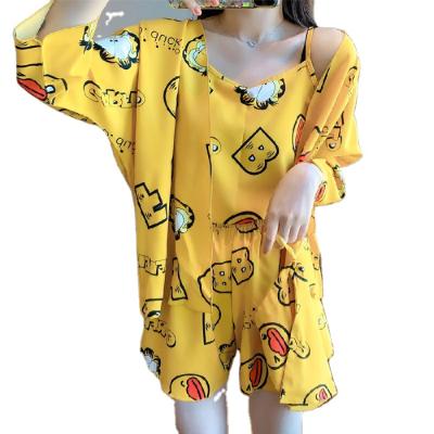 China QUICK DRY female summer thin chiffon elastic satin pajamas 4 shorts + sexy suits suspender bags for sale