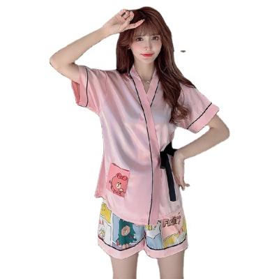 China 2021 New QUICK DRY Japanese Women's Kimono Pajamas Satin Summer Short Sleeve Sweat Steamed Silk 2 Pieces Set for sale