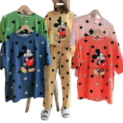 China Cute Polka Dot Pattern Milk Silk Pajamas Cartoon Summer Women's Short Sleeve Slim QUICK DRY Long Pants for sale