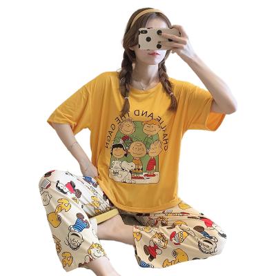 China 2021 summer casual pajamas ladies breathable short sleeve pants soft and lovely cartoon home clothes for sale