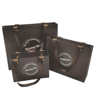 China Recyclable Customize Brown Paper Shopping Bag With Ribbon To Handle Luxury Boutique Bags For Brand Clothing Tote Bag Custom Set for sale