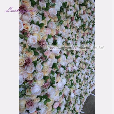 China Pink High Quality Flower Wall Backdrop LFB1270Luckygoods Roll Rose Floral Wall Event Party Rose Babys Breath Flower Wall Backdrop for sale