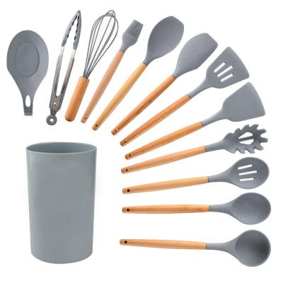 China Sustainable 13pcs Silicone Kitchen Tool Cookware Cookware Set Wooden Handle Kitchen Cookware Sets Kitchen Accessories for sale