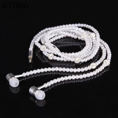 China New Pink In-ear Rhinestone Jewelry Pearl Necklace Earphones With Microphone Earbuds Birthday Gift for sale