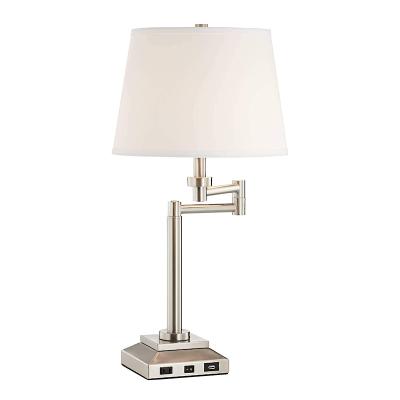 China Modern Tapered Nickel Brushed Hotel Shade Lamp Usb Bedside Table Lamps With Adjustable Arm for sale