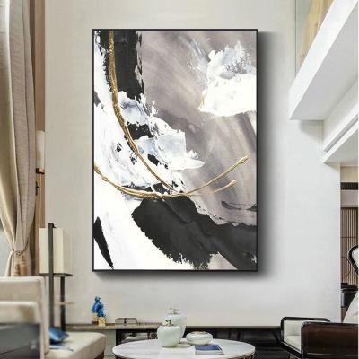 China Canvas Support 100% Hand Made Nordic Black White Gray Custom Hand Painted Abstract Oil Painting for Living Room Decoration for sale