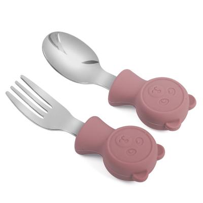 China Sustainable Baby Training Spoon Spoon Fork Food Grade Silicone Stainless Steel Tableware Set For Kids for sale