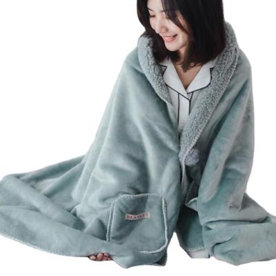 China Autumn Winter Office Wearable Warm Shawl Blanket Double Fold Plush Button Home TV Blanket With Pocket Custom Color for sale