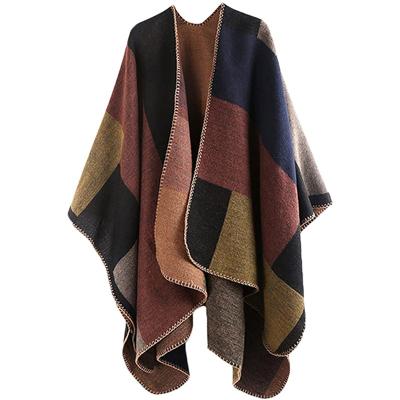 China Anti-Pull Women Poncho Open Front Blanket Shawl Caps Knitted Sweater Cardigan Wraps Soft Warm Reversible Poncho for sale