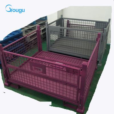 China Custom Space Saving Powder Plated Folding Metal Storage Rack Metal Cage Pallet Box for sale