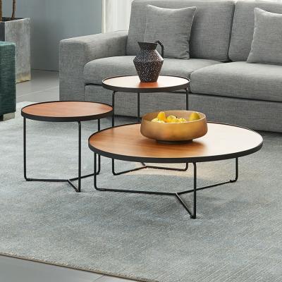 China Environmental Friendly Modern MDF Furniture Living Room Walnut Veneer Wood Top Round Coffee Table Set for sale