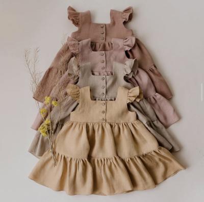 China Breathable Linen Cotton Baby Dresses Summer Double Layers Cake Tutu Dress For Girls Dress Sleeveless Ruffles Suit for sale