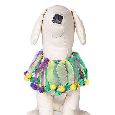 China Holiday Jewelry Mardi Gras Carnival Pet Collar Yellow Color Adjustable Stocked Cat and Dog Pompom Necklace Purple and Green for sale