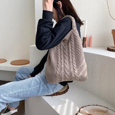 China Fashion Boho Vintage Women Knitted Retro Handbag Shopping Bag Casual Style Soft Knitting Single Shoulder Bag for sale