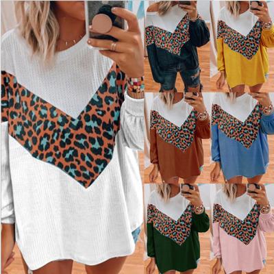 China Anti-wrinkle Women Leopard Loose Sweater Knitted Long Sleeve Patchwork T-shirt Blue White O-neck Tops Ladies Autumn Pullovers Casual Wear for sale