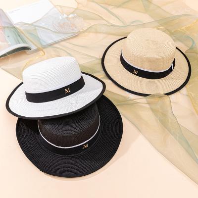 China Straw Hat Ribbon Bow Beach Casual Girl Summer Grass Flat Surface Panama Hat Bone Women Striped Hat Straw Hat Ribbon Bow for sale