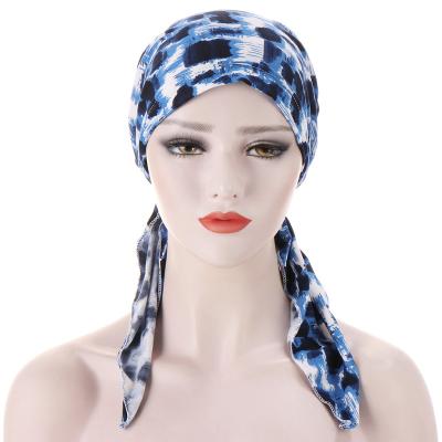 China Other Printed Turban Curved Two Tails Leopard Muslim Hat Stretch Convenient Comfortable Turban for sale