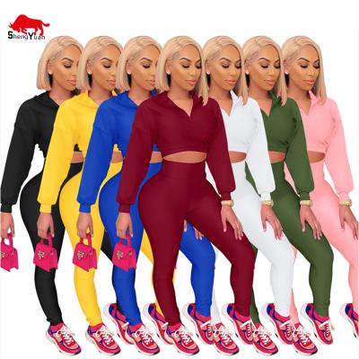 China QUICK DRY Custom Fall Outfits For Women Winter Set Solid Color V-neck Long Sleeve Crop Top Jogging Sweatsuit for sale