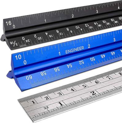 China Hot Selling ALLOY P Triangular Laser Three-piece Scale Aluminum Triangular Ruler 30CM Long Belt Straight Steel Ruler for sale