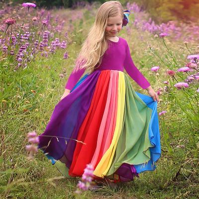 China Boho Style Long Sleeve Dress Mesh Washable Girls' Rainbow Color Matching Dress for sale