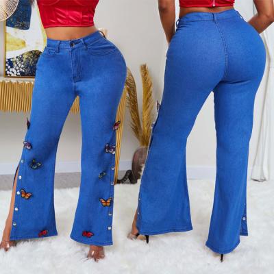 China Other Ladies Butterfly Embroidered Mid Rise Jeans Straight Leg Casual Pants Rocket Blue Pants for sale