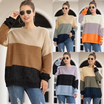 China Retro Anti-wrinkle Sweater Women's Casual Knitted Round Neck Sweater Autumn And Winter Color Matching Sweater for sale