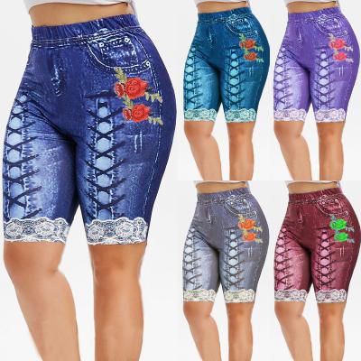 China QUICK DRY Women's spring and summer hot sale fashion shorts imitation denim casual bandage printed five stitch pants for sale