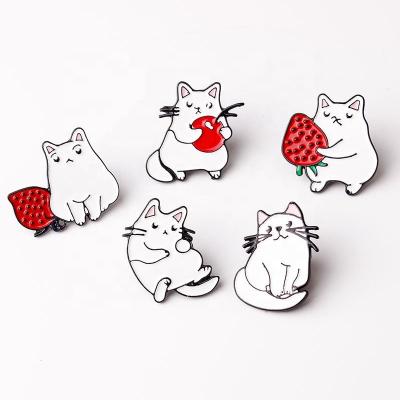 China Europe Best Selling White Cute Strawberry Cat Cheap Custom Manufacture Metal Soft Enamel Pins In Bulk for sale