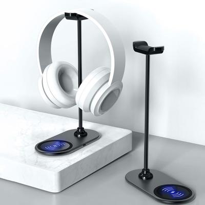 China RGB Luminescent Metal Earphone Wireless Charging Stand Led Earphone Stand with USB Desktop Charger RGB Headset Wireless Charging Stand for sale