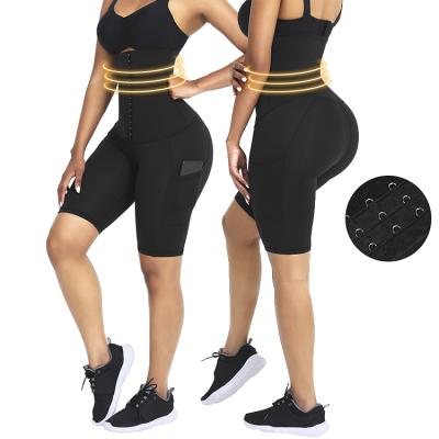 China Wholesale Custom Antibacterial Logo Waist Trainer Leggings High Waist Yoga Shorts Adjust Hooks Tummy Trimmer With Phone Pocket for sale