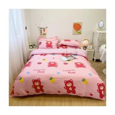 China Anti-Static Wholesale Pink Bear Pattern Printed 4 Piece Polyester Microfiber Cloth Bed Sheet Set With Comforter Cover for sale