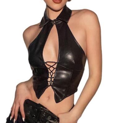 China 2022 Women Anti-Static Sexy Bandage Hollow Out PU Leather Halter Tops Sexy Girls Nightclub Clothing for sale