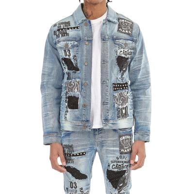 China Gemstone Letter Embroidery Ripped Patchwork Ripped Jeans Jacket Men Outwear For Man Motorcycle QUICK DRY for sale