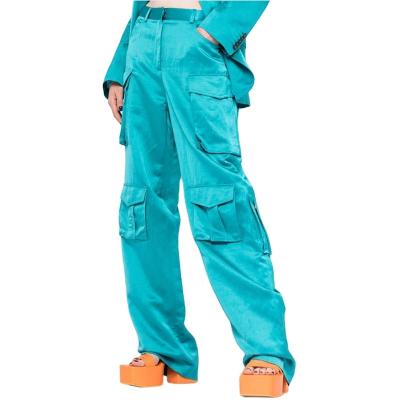 China Anti-Static Straight High Leg High Waist Straight Cheap Canvas Blend OEM Blue Cargo Pants for sale