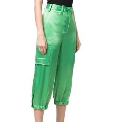 China New Season Anti-Static Women Tied Waist Green Shiny Cropped Cargo Pants for sale