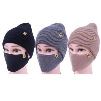 China COMMON 2 Pcs/Set Woman's Winter Hats With Breathing Mask 2in1 Knit Hat With Face Mask Girl Warm Pompoms Knit Beanie Cap Knit for sale