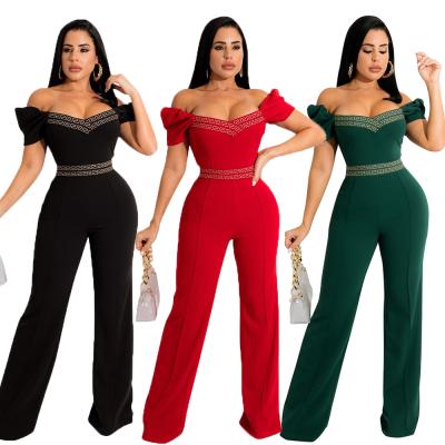 China 2022 Spring Anti-pilling 2022 Summer Women's Vintage Off Shoulder Puff Sleeve High Waist Top Overalls Wide Leg Elegant Tube Rompers For Women for sale