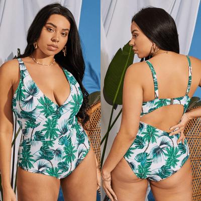 China Plus Size Women's Floral Print V-Neck Swimsuit Chic Halter One Piece Strappy Plus Size Swimwear 2021 New Swimwear For Woman for sale