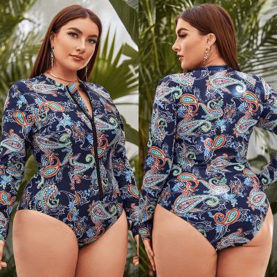 China Plus Size Fat Ladies Zipper One Piece Front Printed Rash Guard Long Sleeve Swimwear Plus Size Bathing Suit Swimwear For Women 2021 for sale