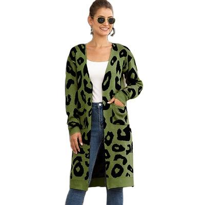 China Anti-Wrinkle Outwear Winter Women Loose Coats Long Sleeves Open Front Leopard Print Warm Chunky Knitting Cardigan Sweater With Pocket for sale