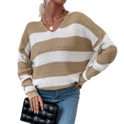 China 2021 Winter Ladies Loose Knitted Stitching Short Sweater Long Sleeve Anti-pilling Color V-Neck Pullovers Women Jumper Tops Stripe Color Block for sale