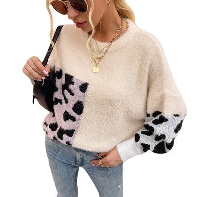 China Anti-pilling Women's Casual Long Sleeve Slouchy Sweater Knitted Fuzzy Leopard Patchwork Luxury Sherpa Sweater Jumper Tops Crew Neck Loose for sale