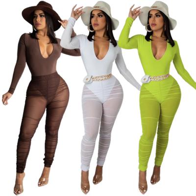 China New Arrivals QUICK DRY Mesh Long Sleeve Blouse See Sheer Through Set Two Piece Clubwear Pants Overalls Skinny Women Jumpsuit Pants Rompers for sale