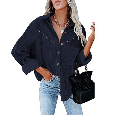 China Autumn winter casual anti-pilling loose button down open collar long sleeve solid color corduroy shirt woman collared tops with pockets for sale