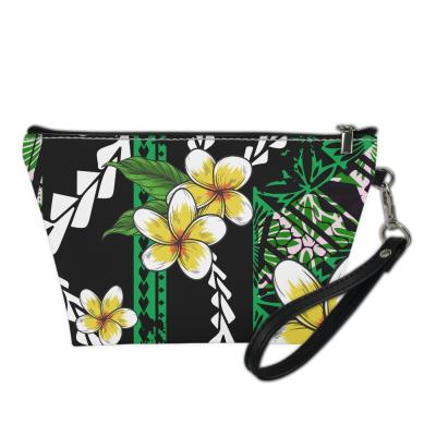 China Travel Eco-Friendly Leather Cosmetic Bag Polynesian Zipper Frangipani and Custom Totem Pattern Waterproof Makeup Bag Luxury Cosmetic Bags for sale