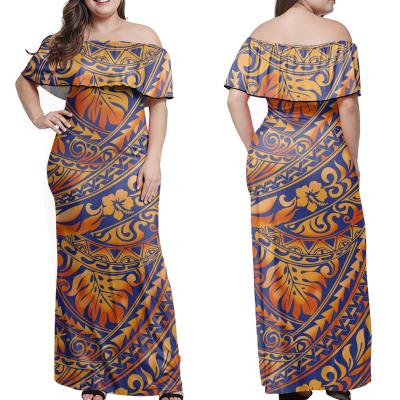 China Factory Wholesale Breathable Polynesian Hawaiian Traditional Tribal Print Dresses Elegant Short Sleeve Bodycon Off Shoulder Dress for sale