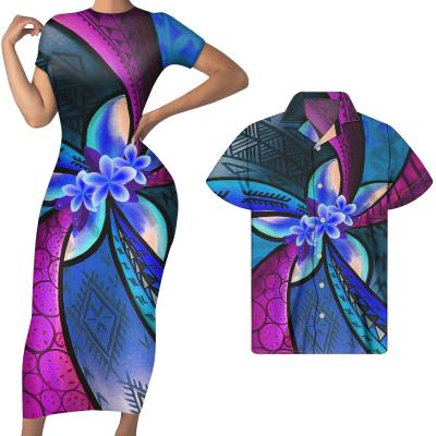 China Custom Women Anti-Static Blue Polynesian Tribal Polynesian Short Shirts Men Sleeve Matching Bodycon Flower Print Plumeria Flower Sleeve Couples Clothing Set for sale