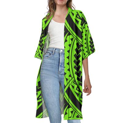 China 2020 Polynesian Traditional Tribal Woman Print Green Stripe Anti-wrinkle Long Cardigan Open Front Half Sleeve Lightweight Coats women for sale