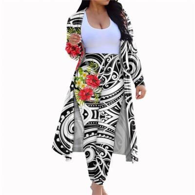 China Plus Size Samoan Tribal Hibiscus Pattern Club Outfits Women Sets Two Piece Long Cardigan Autumn Clothing Top Elastic Slim Pants for sale