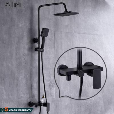 China With Sliding Bar Matte Black Shower Set Bathroom Shower Wall Mounted Column, Designer Luxury Matt Shower Faucet Sets Black Brass 3 Functions for sale